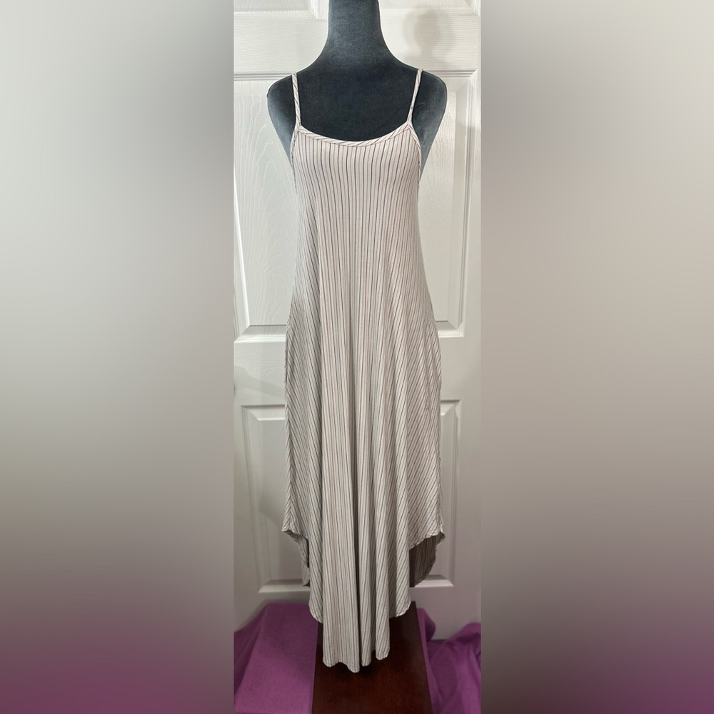 Carly Jean Los Angeles Striped Midi Dress - Cream and Gray Spaghetti Strap Soft